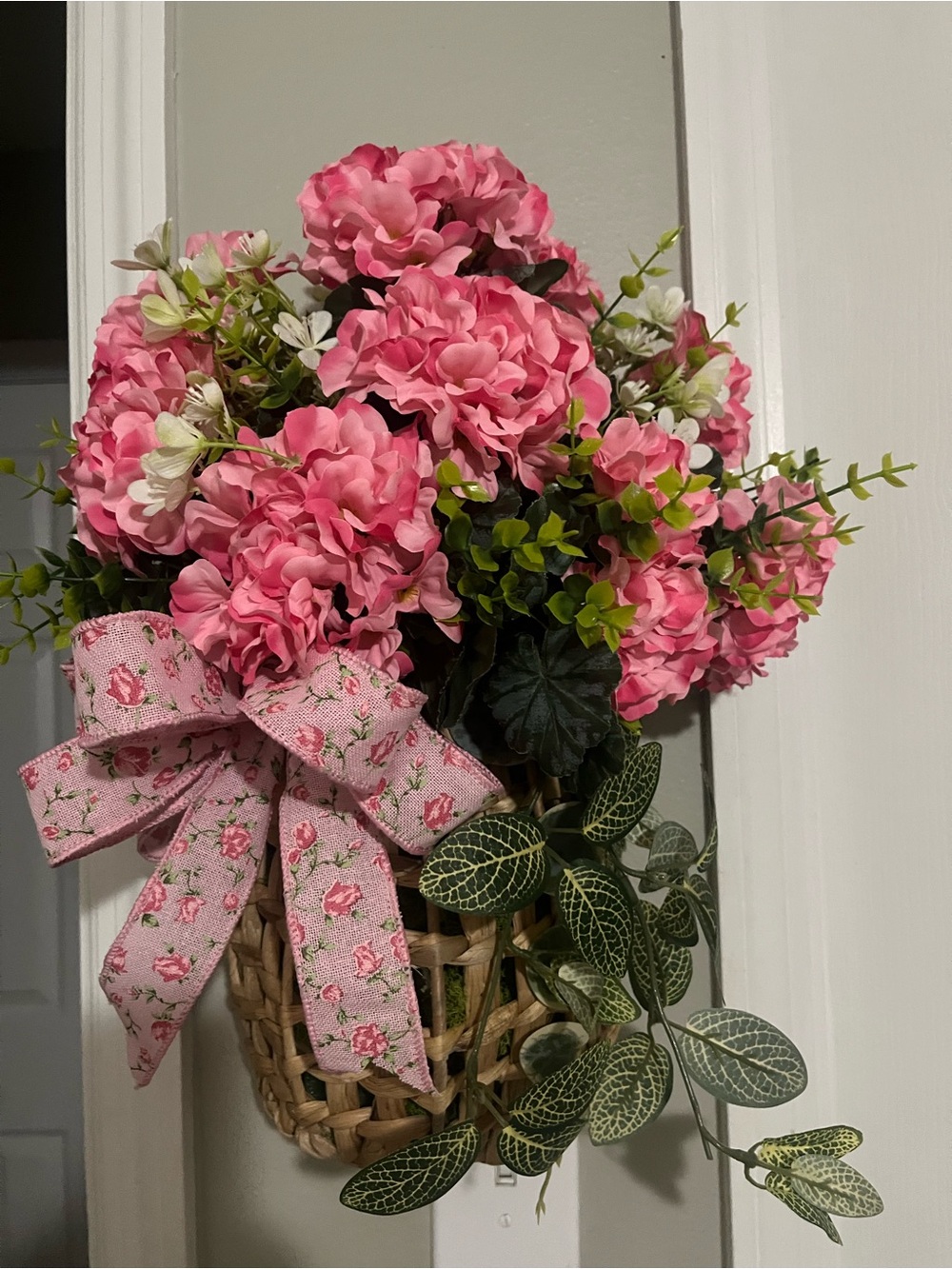 Pink Hydrangea Wall Basket with Floral Ribbon Accent